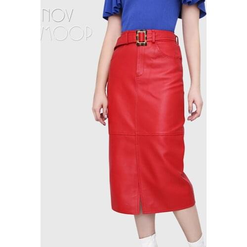 Novmoop genuine leather women skirt office lady solid color formal french style with amber plastic rectangle buckle LT3436