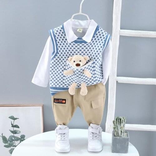 Baby Boys Clothing 2021 New Children Long Sleeve Lapel Shirt + Bear Sweater Vest +Pants 3Pcs Set For 1-4 Years Toddler Clothes