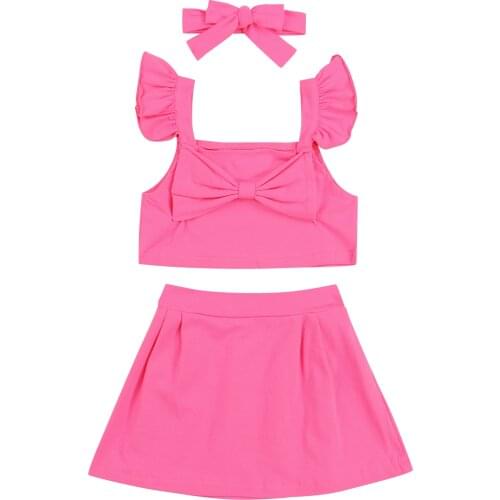 Girls Casual 3Pcs Clothes Set, Pink Solid Color Square Collar Fly Sleeves Tops Short Skirt and Headdress