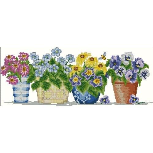 Needlework Cross stitch Handmade 14CT Counted Canvas DIY,Cross-stitch kits,Embroidery embroidery A row of small potted flowers