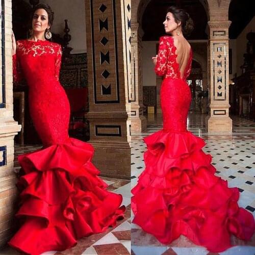 Jewel Neckline Ruffled Mermaid Evening Dresses With Long Sleeves Lace and Satin Ruffled Skirt Red Prom Dress vestidos longos de