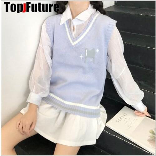 BLUE Japanese girls Knitted Vest cute versatile sweater school Uniform Cardigans JK UNIFORM embroidery sweater