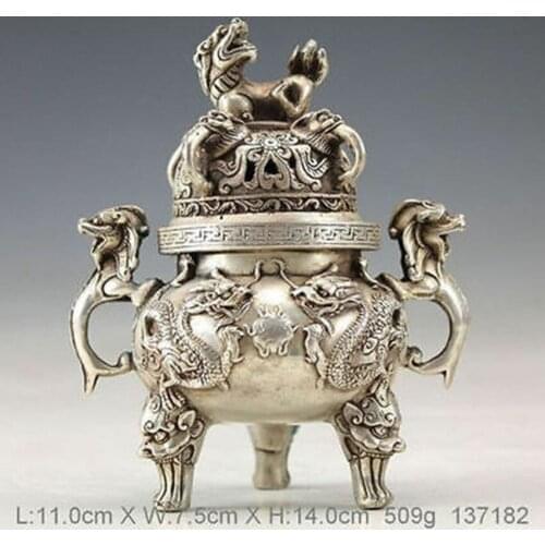 Oriental ^Vintage Tibet Silver Handwork Dragon Incense Burner