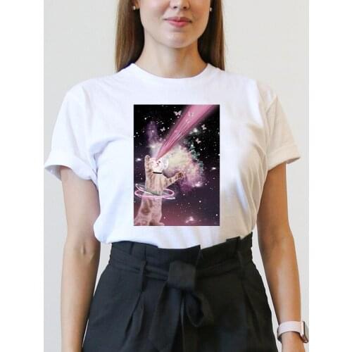 BLINGPAW Funny Space Cat Print t shirt women Vintage Cartoon 100% Cotton tops & tees Brand Casual womens tee shirts Anime Design