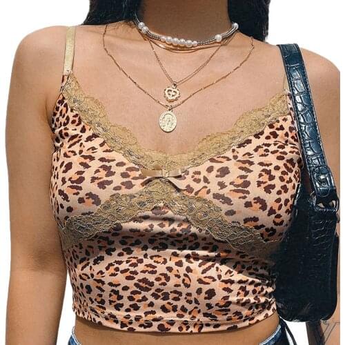 2020 Women´s Leopard Print Camisole Sleeveless V Neck Spaghetti Strap Lace Trim Tank Crop Top Ladies Summer Sexy Vest Camis