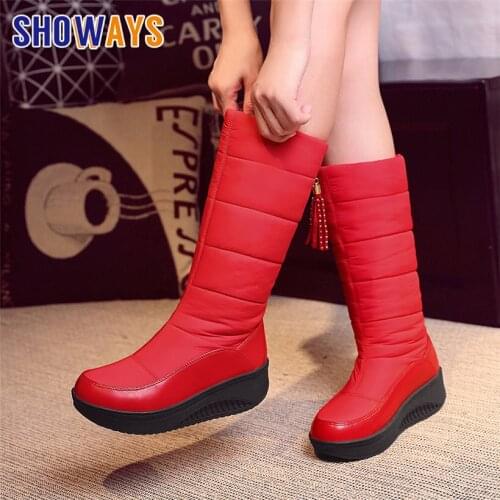 2020 Winter Women Long Snow Boots Platform Wedge Heels Round Toe Black Red Down Plush Casual Travel Lady Fringe Knee High Boots