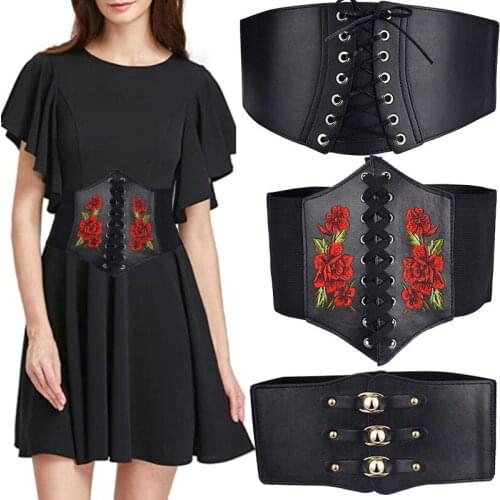 2021 Retro Womens Fashion Shaping Abdomen Waist Girdle Corset Adjustable Rose Embroidery Belt Dress Ladies Skinny Slim Belts