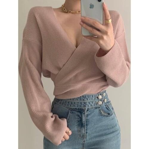 Black Pink Blue V Neck Cute Warm 2021 Jumpers Solid Autumn Pollover Cropped Sweater Woman Thick Knitted Top Winter Clothes Women