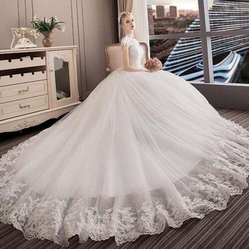 Boat Neck Princess Wedding Dress 2021 Luxury Cathedral Train Woman Dress Lace Short Sleeves Celebrity Ball Gown Vestido De Noiva