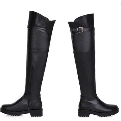 Winter Thin and thin Over the knee Boots Round head Side zipper Middle heel Women Boots Fashion belt buckle Knights boots 34-43