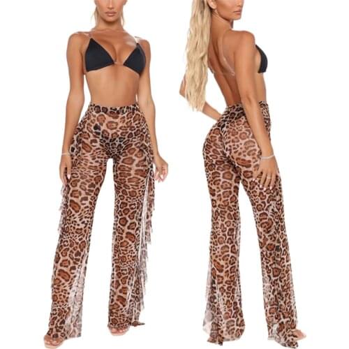 2021 Beach Vacation Leopard Serpentine Print Trousers For Womens Girls Fashion Sexy Mesh Sheer Transparent Bikini Cover Up Pant