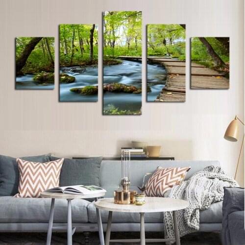 Unframed 5 Panels Woods And Waterfalls Modern Home Wall Decor Canvas Picture Art Hd Print Painting On Oil