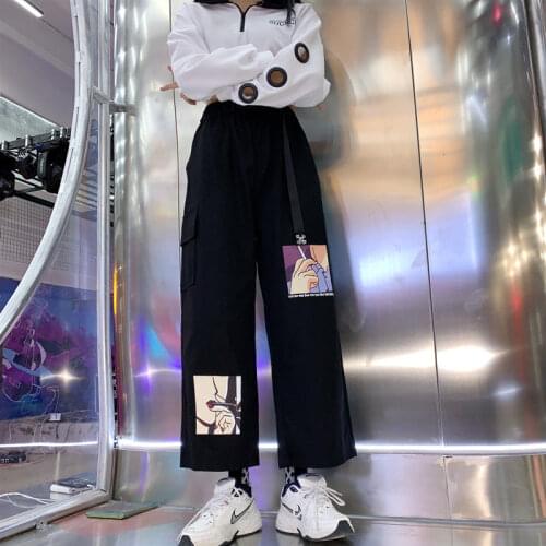 HOUZHOU Baggy Cargo Pants Women Harajuku Anime Print High Waist Joggers Korean Fashion Trousers Oversize Cartoon Loose Pants