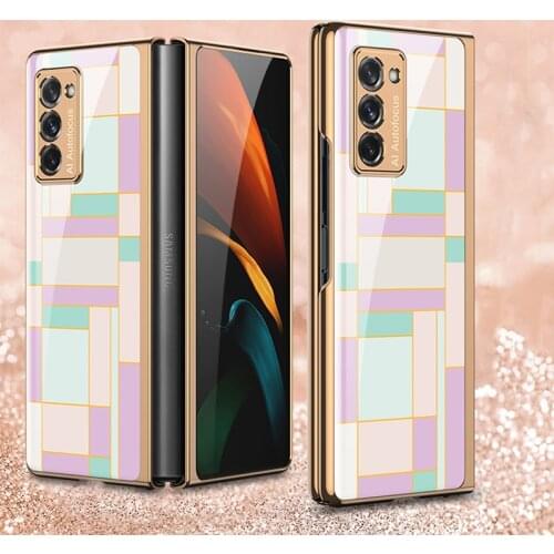 Tempered Glass Full Protection Case For Samsung Galaxy Z Fold 2 Leather Plating Edge Grid Pattern Cover For Samsung Z Fold2 W21