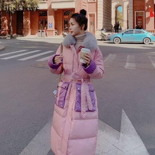 JuneLove Women Winter Jackets And Coats 2021 Casual Long Sleeve Big Fur Collar Down Cotton Coat Female Loose Warm Hooded Parkas