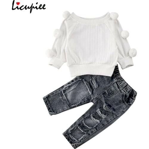 Kids Baby Girls Sets Fall Winter Clothes 2pcs Fur Pompom Sleeve Sweaters Holes Ripped Denim Pants Girls Streetwear 1-5 y
