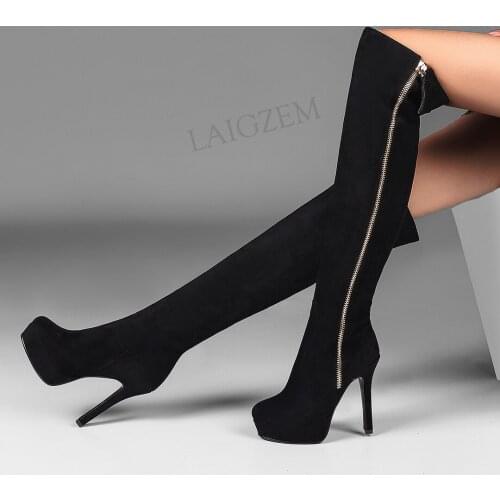 LAIGZEM Women Knee High Boots Black Suede Platform Zip Up Stiletto High Heels Boots Tall Female Ladies Shoes Woman Size 33 37 39