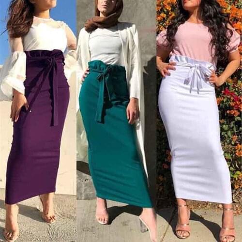 Muslim Wrinkled Pencil Skirt Fashion Ruffled Waist Tight Hips Fashion Bag Hip Skirt Muslim Bottoms Ankle-Length Islamic Dress