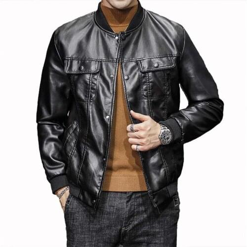 Mcikkny Men Black Pu Leather Jackets Coats Stnad Collar Autumn Biker Outwear Clothing Male Windbreak CY336