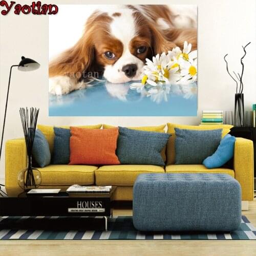 Diy Mosaic Diamond Painting Cavalier King Charles Spaniel Pet Dog Flower Cross Stitch Kit Full Square Drill 5D Rhinestone Decor