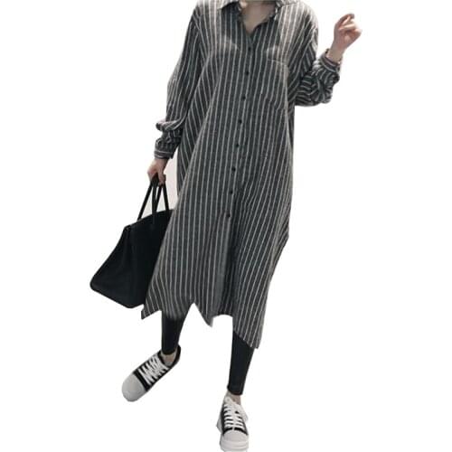 Woman Dress Striped Long Sleeve loose Plus Size Women Clothing vestidos de playa Cotton Long Shirt Dress Mori Girl Vintage
