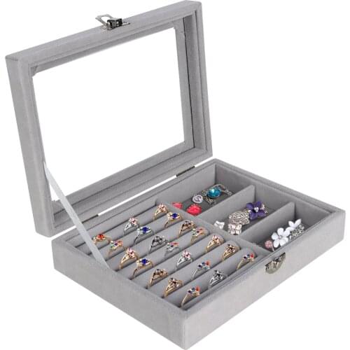 Jewellery Box Portable Wooden Jewel Storage Box with Glass Lid for Earrings/Rings/Lipstick, for Travel or Daily Storage (Gray)