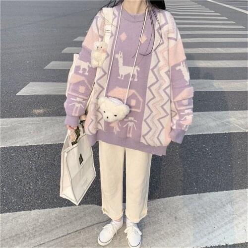 Purple Winter Vintage Women Funny Chrismas Pullover Japan Punk Long Sleeve Loose Knitted Oversize Kawaii High Street Sweater