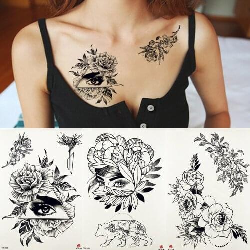 REJASKI Geometric Sexy Rose Triangle Flower Eye Leaves Temporary Tattoo Sticker Body Art Arm Chest Black Tattoos Fake Tatoo