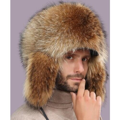New Winter Russia women Men boy girl natural real full genuine raccoon warm fox Whole fur hat ear Earmuff Bomber pompom Hats cap