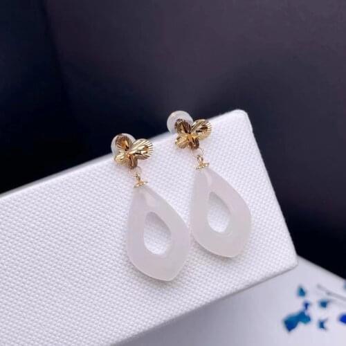 SHILOVEM 18k yellow gold real Natural white Jasper drop earrings classic fine Jewelry wedding gift new plant myme132055681hbyy