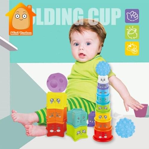 Stacking Cups Toy Baby Colorful Plastic Sorting Tower Set Rubber Ball Game Early Educational Intelligence Game For Infant Gifts