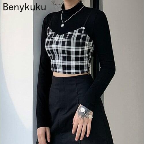 Autumn Bodycon Partchwork 2pcs Set Tops Women Solid Black Long Sleeve and Plaid Camis Streetwear Goth Punk Casual Crop Tops Tees