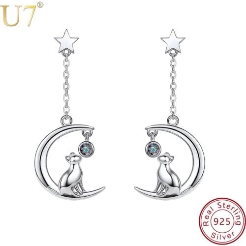 U7 925 Sterling Silver Earrings Lovely Cat Sitting on the Moon Star Drop Earrings Bridesmaid Gift For Women Jewelry Wholesale
