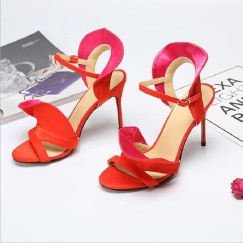 Summer New Fashion Sexy Thin High Heels Peep Toe Cut Out Mixed Colors Flowers Plus Size 42 43 Flock Women Gladiator Sandals