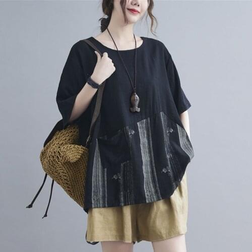 Oversized Women Cotton Linen Casual T-shirts New Arrival 2021 Summer Simple Style Patchwork Print Loose Female Tops Tees S3645