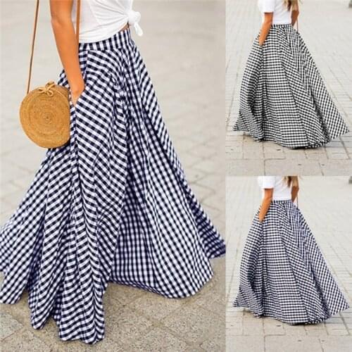 Womens Skirts 2020 Vintage Plaid Check Long Skirt Zipper Pleated Faldas Bohemian Jupe Femme Casual Pockets Maxi Skirts