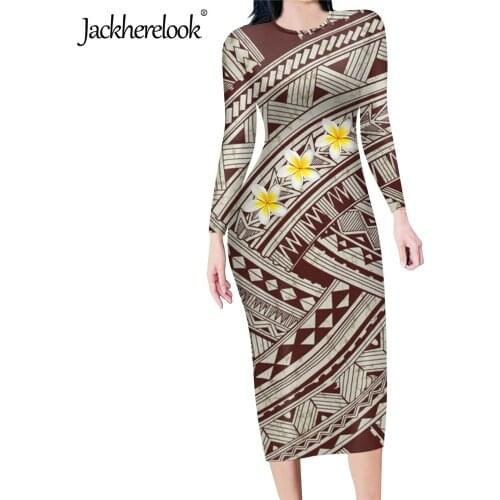 Jackherelook Polynesian Tribal Print Bodycon Dress for Womens Hibiscus Plumeria Floral Design Elegant Long Sleeve Pencil Dresses