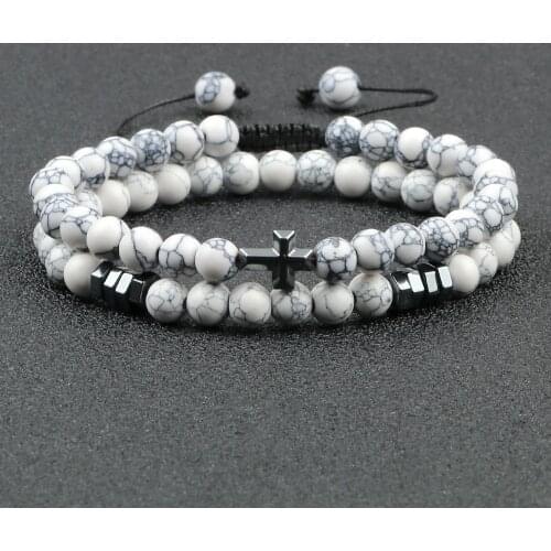 2Pcs/Set Couple Natural Stone Bracelet Prayer Cross Healing Distance Bracelet Turquoises Lava Beads Yoga Jewelry Gift for Friend