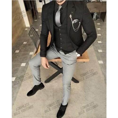 2021 New Arrival 3 Piece Casual Business Suits For Men Groom Tuxedo Black Men Suits Wedding Best Man Blazer Light Grey Pant Vest