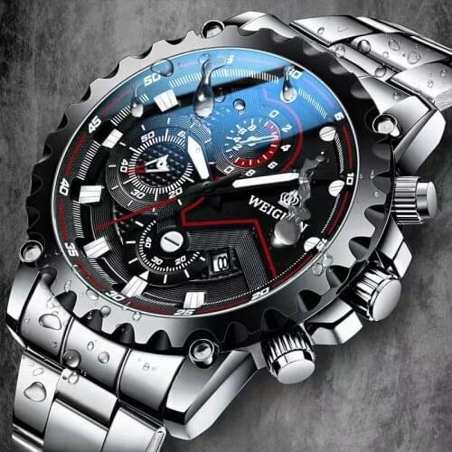 2021 New Casual Sport Chronograph Mens Watches Stainless Steel Band Wristwatch Big Dial Quartz Clock with Luminous Pointers