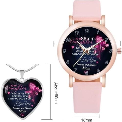 40%HOT Rose Pattern Dial Heart Shape Pendant Faux Leather Band Classic Quartz Watch Necklace for Anniversary