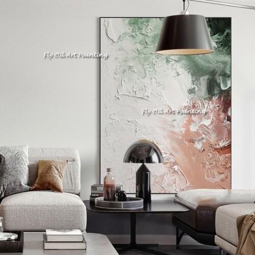 Handmade Abstract Painting White Pink Canvas Art Textured Palette Knife Modern Wall Painting Hotel Restaurant Living Room Decor