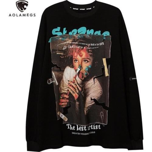 Aolamegs Sweatshirt Men Painting Boy Letter Print O-Neck Pullover Autumn Loose Retro High Street Hip Hop Style Streetwear Couple