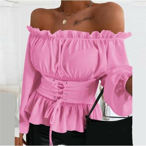 Blouses Womens Tops Off Shoulder Shirt Sexy Slash Neck Long Sleeve Lace Up Corset Tops Fall Blusas Mujer De Moda Blusas Femme