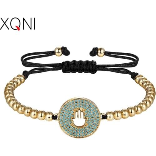 XQNI Big Circle Around Hollow Palm Pattern with Blue Cubic Zircon Strand Beads Bracelet 4 Colors for Choice Fashion Jewelry