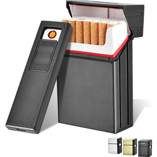 EDC Cigarette Case with USB Lighter Anti-riot 20 Stickers Metal Cigarette Boxes Split Lighter Rechargeable Gifts for Men