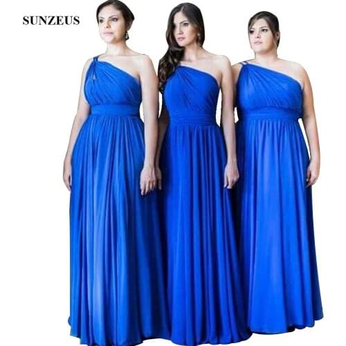 Elegant A-line One Shoulder Bridesmaid Dresses Royal Blue Chiffon Wedding Party Gowns With Pleats vestido de festa BDS022