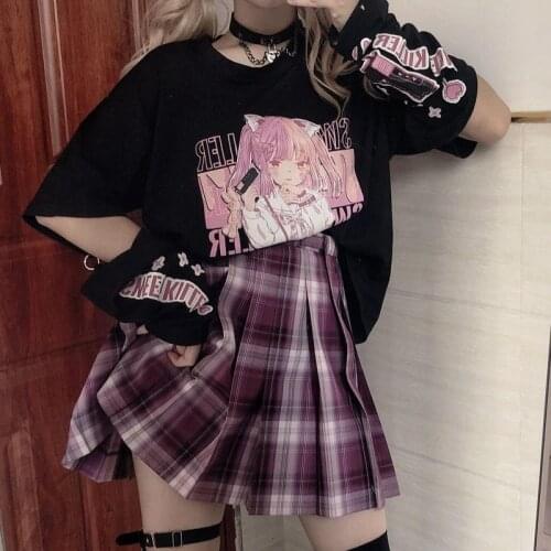 HOUZHOU Anime Print Oversized T-shirt Women Harajuku Patchwork Long Sleeve Graphic T Shirts Kawaii E Girl Japanese Streetwear