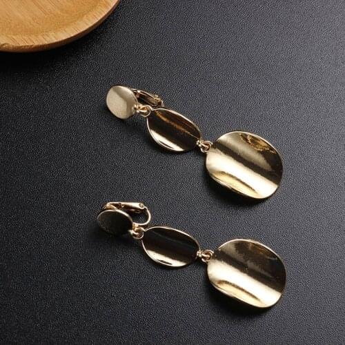 Geometric Clip On Earrings Metal Long Drop Earrings Without Piercing Gold Color Round Statement Earrings For Women Trend Jewelry