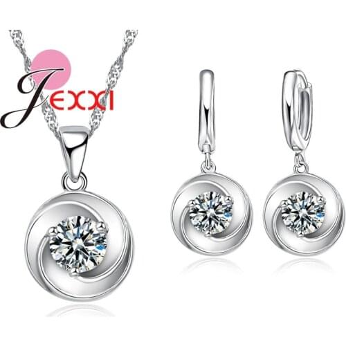 Brand New Party Jewelry Sets For Woman Spiral Design Cubic Zircon Crystal 925 Sterling Silver Necklace Earrings Bridal Set